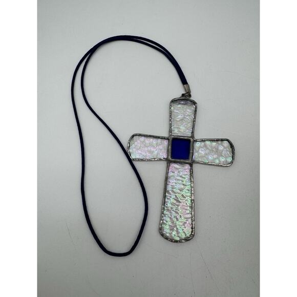 Unbranded Jewelry - Vintage Stained Glass Cross Necklace Color Block Clear & Blue Design 6”